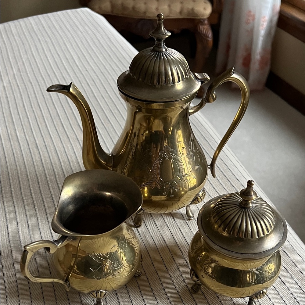 Vintage Brass Tea/Coffee, Creamer and Sugar Bowl Set with etched design.